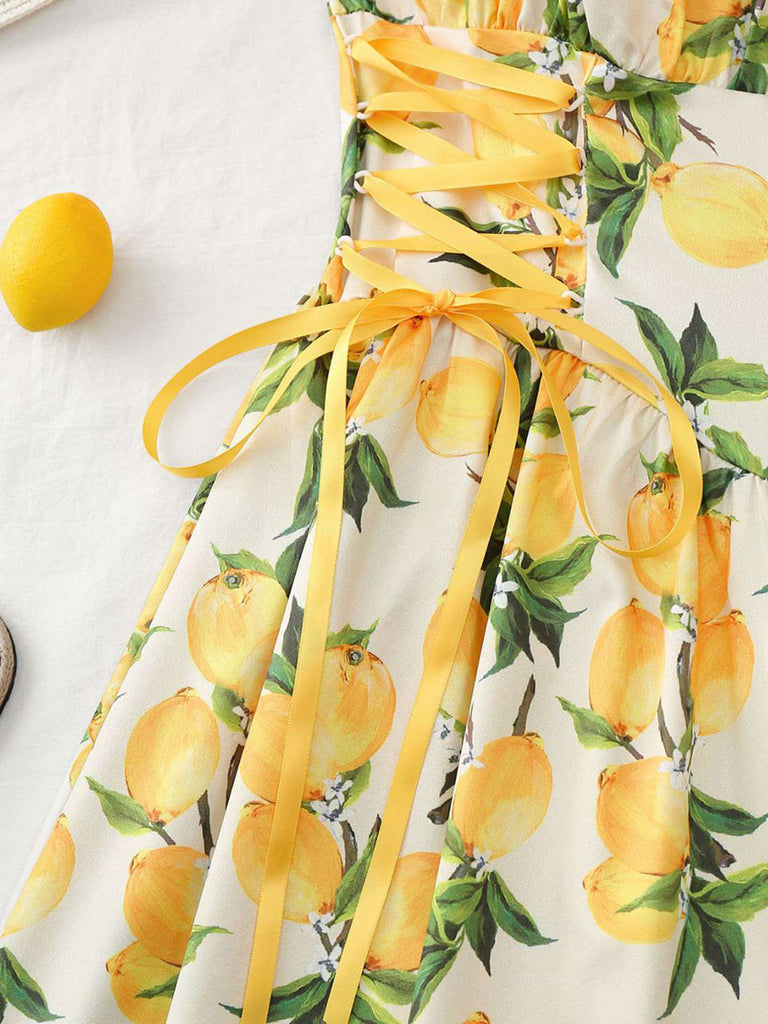 1950s Ruffled Square Neck Sleeveless Floral Print Swing Dress