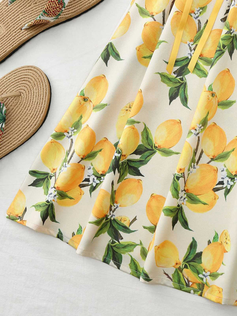 1950s Ruffled Square Neck Sleeveless Floral Print Swing Dress