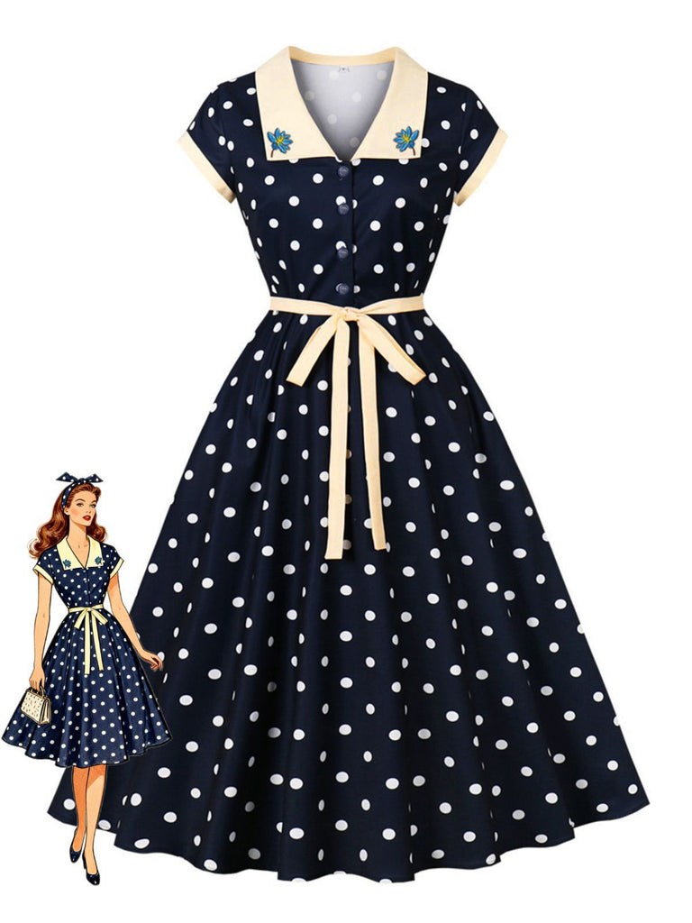 Blue 1950s Polka Dot Embroidered Floral Swing Dress