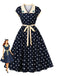 Blue 1950s Polka Dot Embroidered Floral Swing Dress