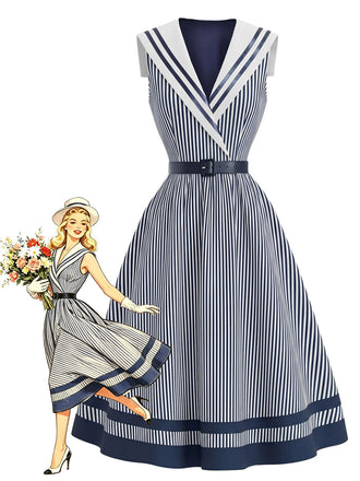 [Pre-Sale] Blue & White 1940s Sailor Shawl Collar Striped Belted  Dress, vintage dress, retro fashion - perfect for women who love vintage and retro fashion