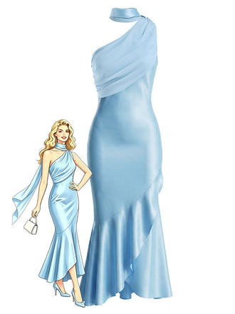 [Pre-Sale] Blue 1930s Satin One-Shoulder Halter Ruffle Mermaid Dress, vintage dress, retro fashion - perfect for women who love vintage and retro fashion