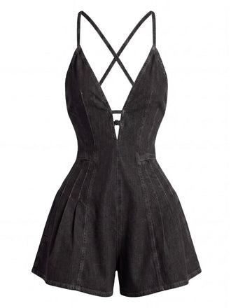 1950s Denim Tie Waist One Piece Romper