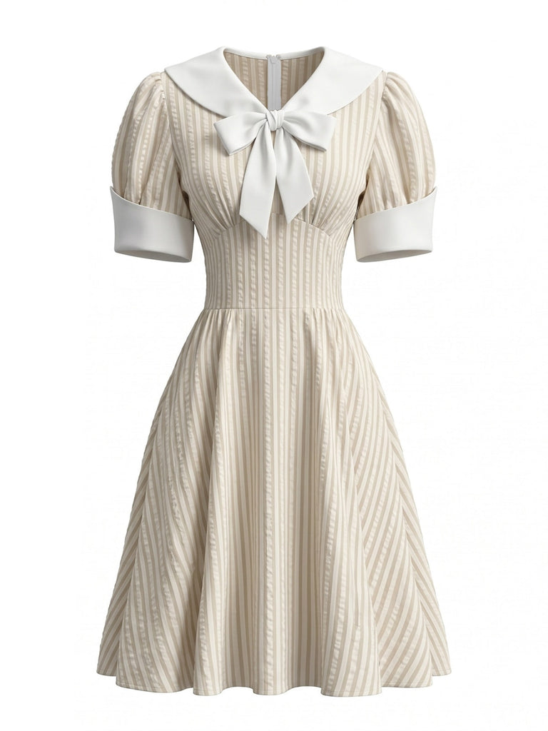 1950s Striped Sailor Collar Puff Sleeve Dress
