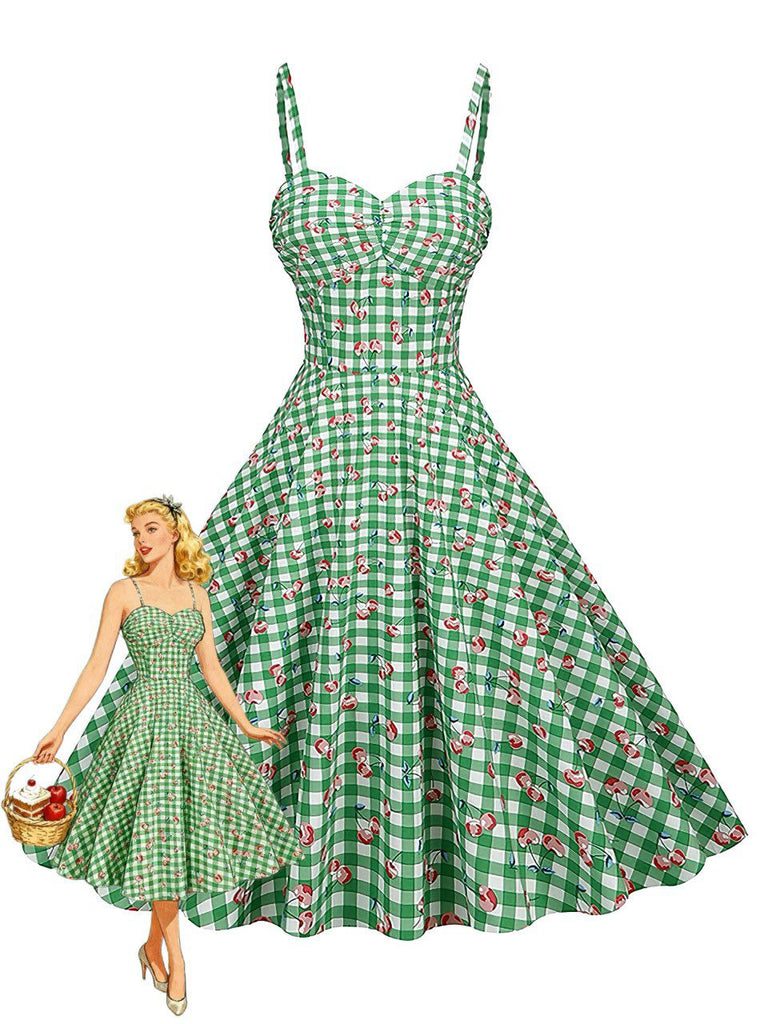 Green 1950s Gingham Cotton Cherry Spaghetti Strap Dress, vintage dress, retro fashion, rockabilly, pin-up fashion - perfect for women who love vintage and retro fashion