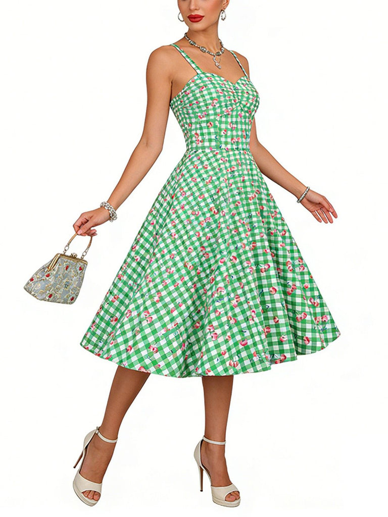 Green 1950s Gingham Cotton Cherry Spaghetti Strap Dress, vintage dress, retro fashion, rockabilly, pin-up fashion - perfect for women who love vintage and retro fashion