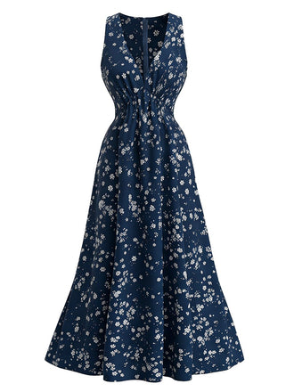 Navy Blue 1970s Bohemian Floral Halter Neck Midi Dress