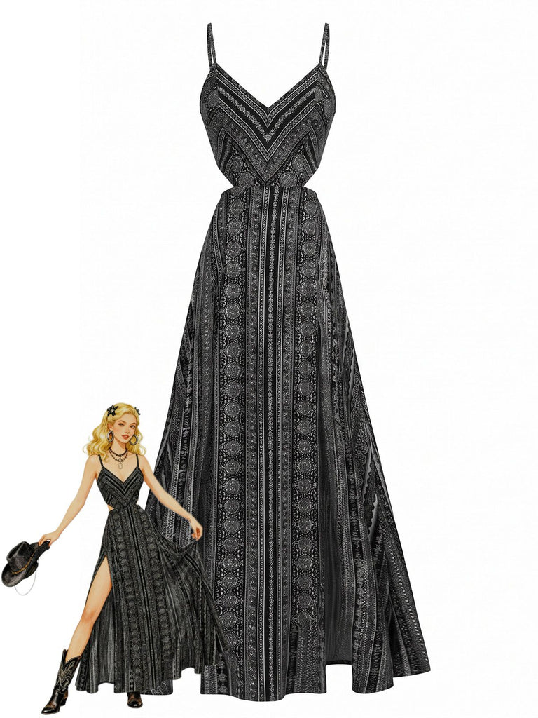 Black 1970s Boho Style Spaghetti Strap Maxi Dress