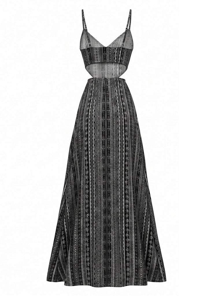 Black 1970s Boho Style Spaghetti Strap Maxi Dress
