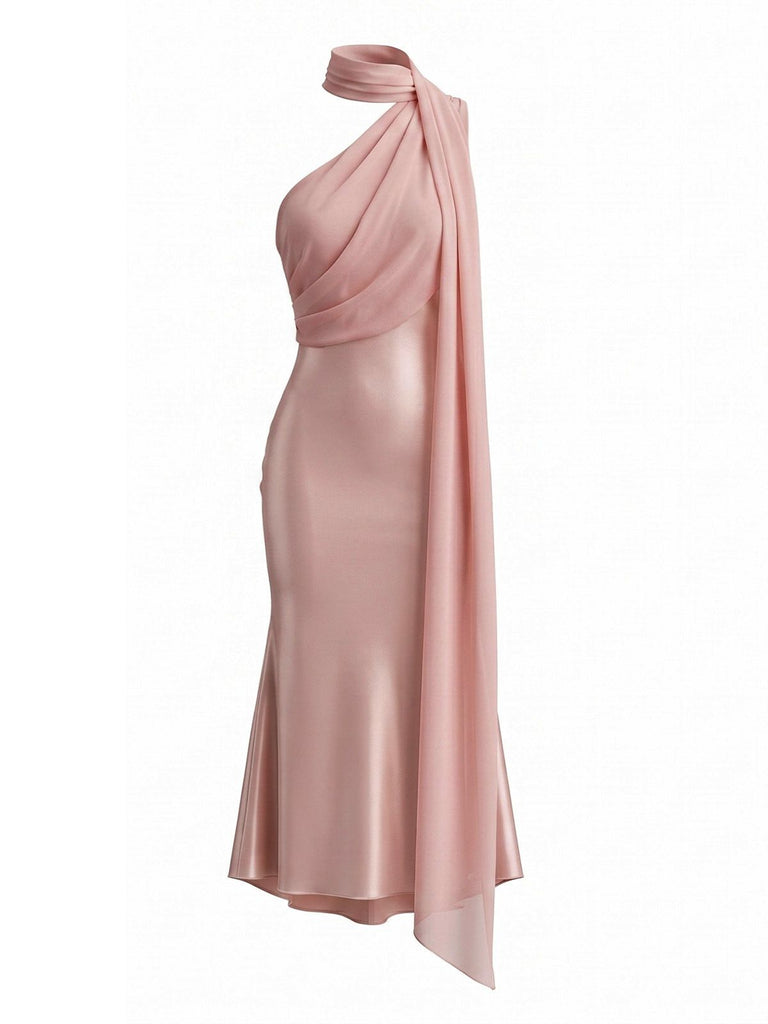 Orange Pink 1930s Satin One Shoulder Scarf Mermaid Dress, vintage dress, retro fashion - perfect for women who love vintage and retro fashion