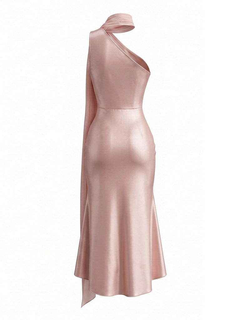 Orange Pink 1930s Satin One Shoulder Scarf Mermaid Dress, vintage dress, retro fashion - perfect for women who love vintage and retro fashion