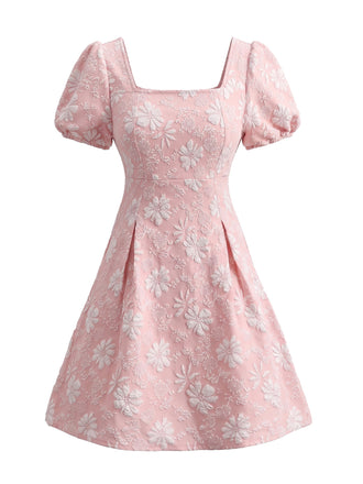 1960s Square Neck Floral Jacquard Puff Sleeve Dress
