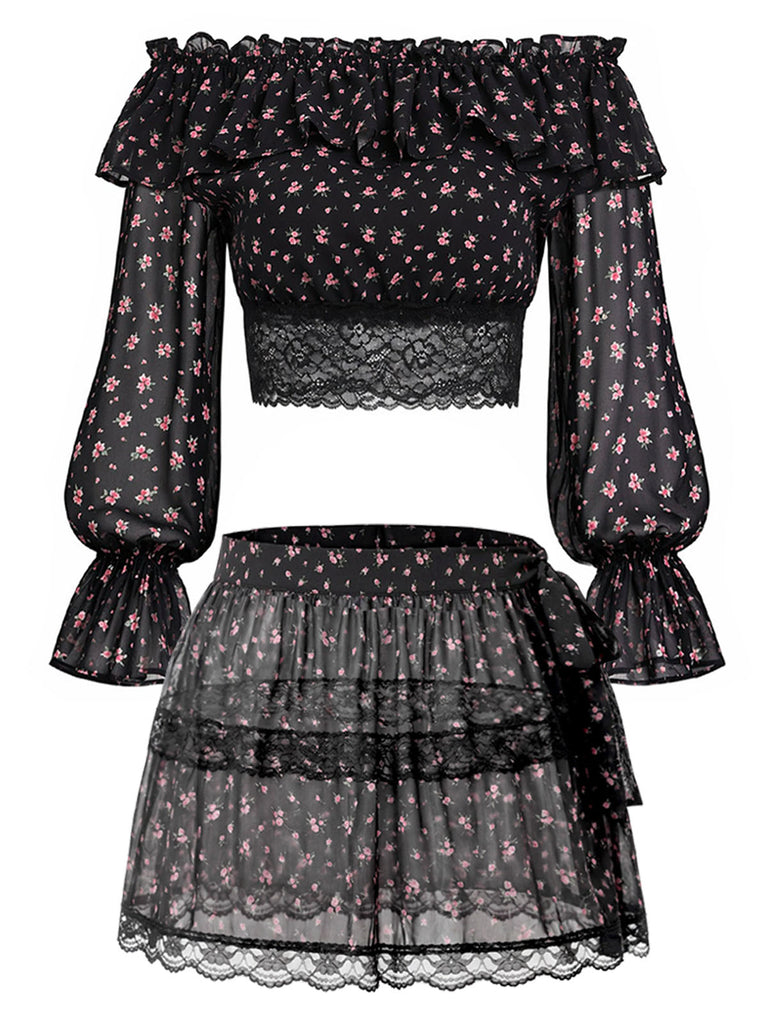[Pre-Sale] 3PCS Black 1950s Ditsy Floral Lace Top & Maxi Skirt & Mini Skirt