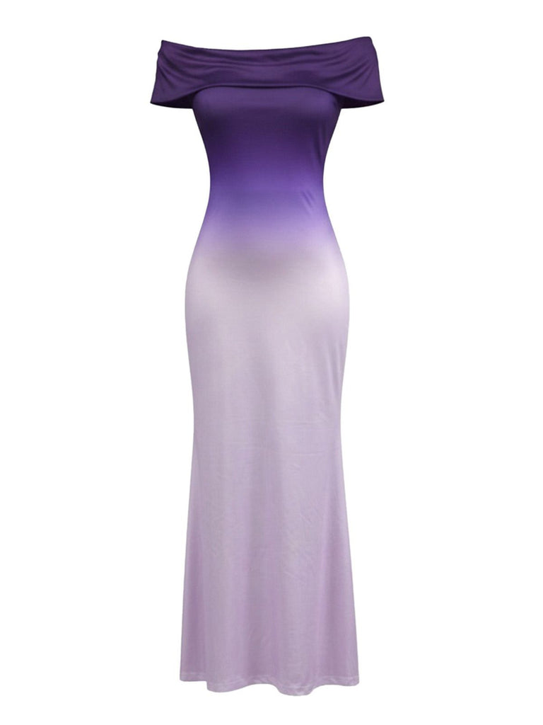 Purple 1930s Ombre Off-Shoulder Backless Maxi Dress