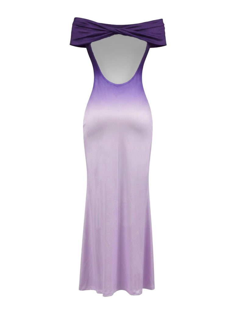 Purple 1930s Ombre Off-Shoulder Backless Maxi Dress