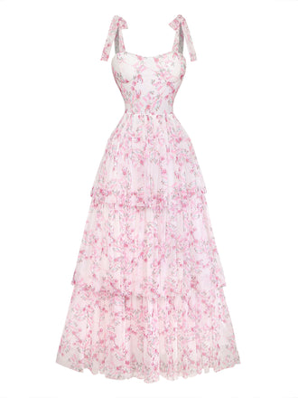 Pink 1970s Tie Shoulder Floral Tiered Backless Maxi Dress