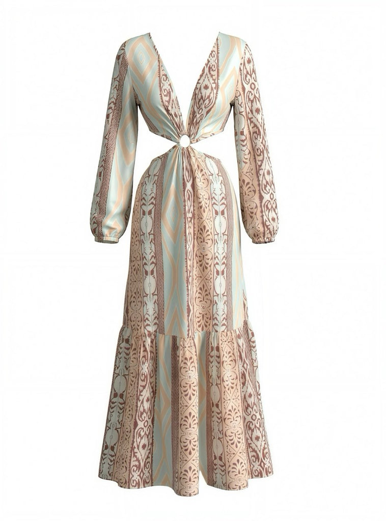 1970s V-Neck Boho Geometric Print Cutout Maxi Dress