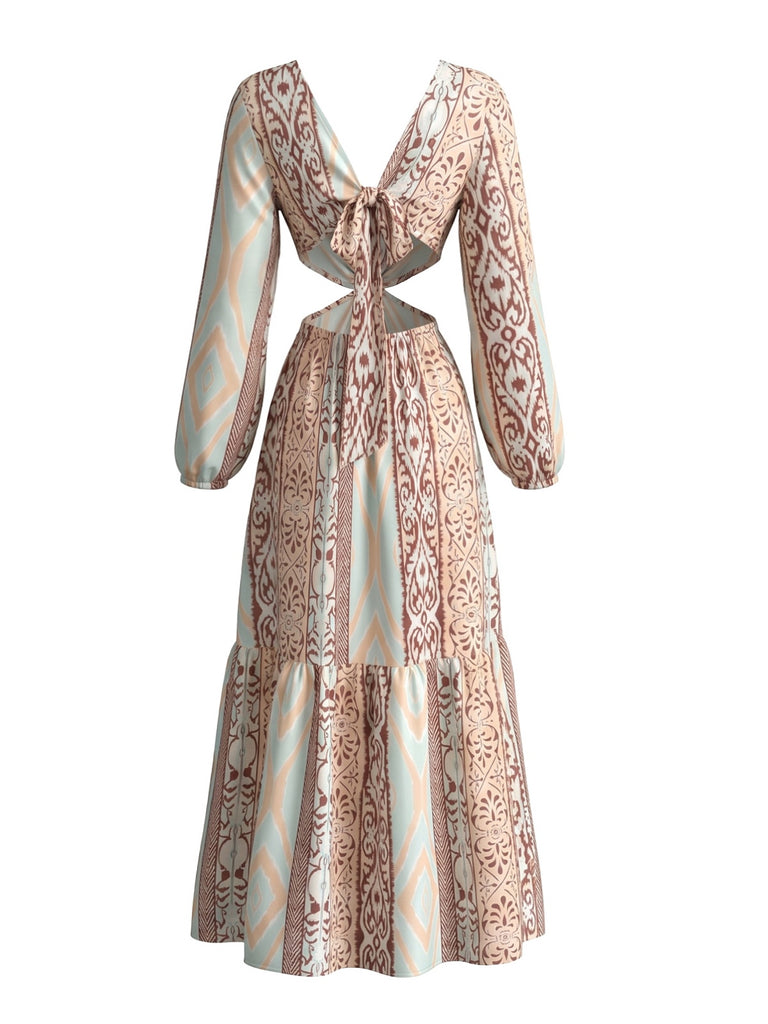 1970s V-Neck Boho Geometric Print Cutout Maxi Dress