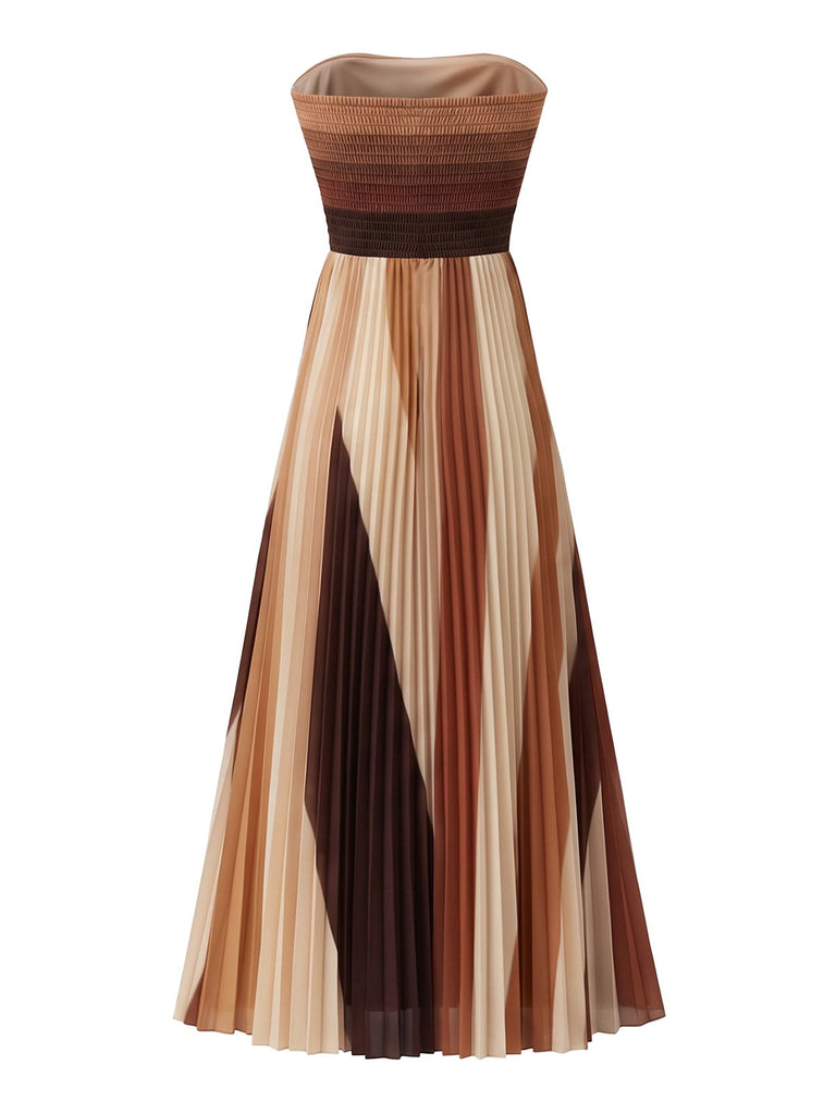 [Pre-Sale] Brown 1970s Ombre Pleated Strapless Maxi Dress