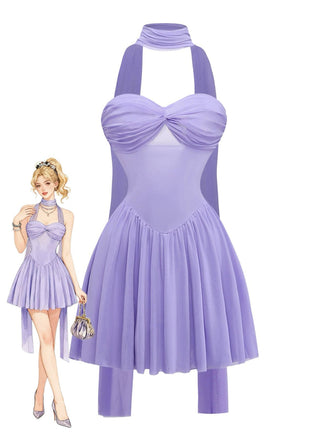Lavender 1970s Strapless Mesh Babydoll Mini Dress with Scarf