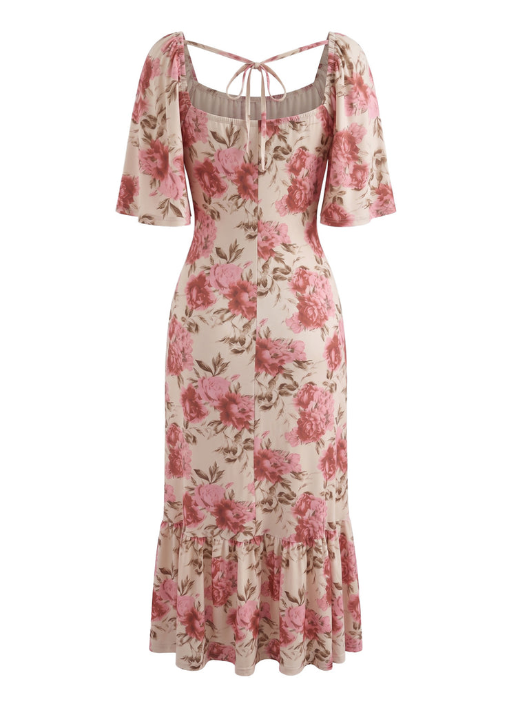 Pink 1930s Floral Square Neck Dress 3