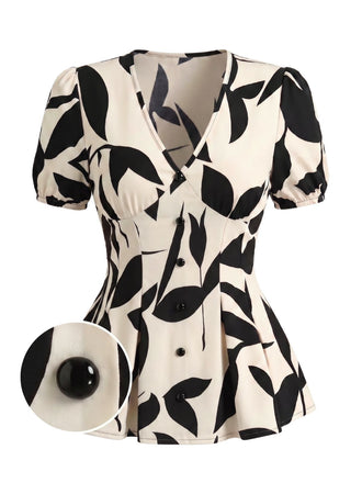 Beige 1940s V-Neck Leaf Print Puff Sleeve Blouse