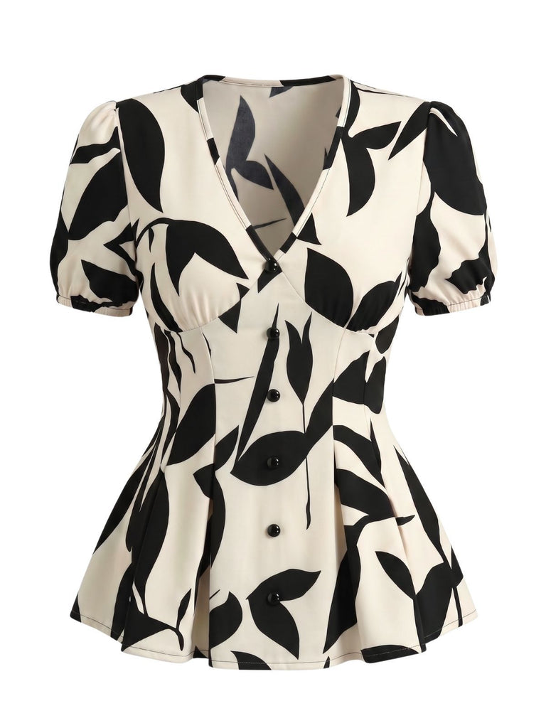 Beige 1940s V-Neck Leaf Print Puff Sleeve Blouse