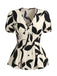 Beige 1940s V-Neck Leaf Print Puff Sleeve Blouse