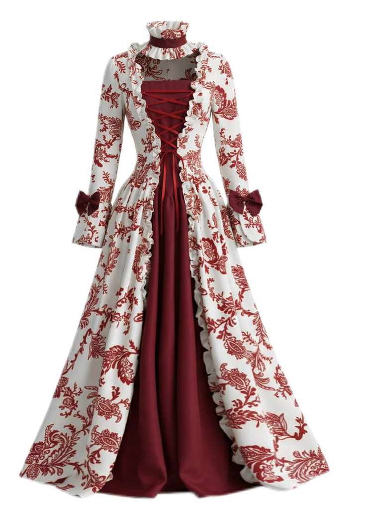 Red 1930s Rococo Floral Corset Ball Gown Dress