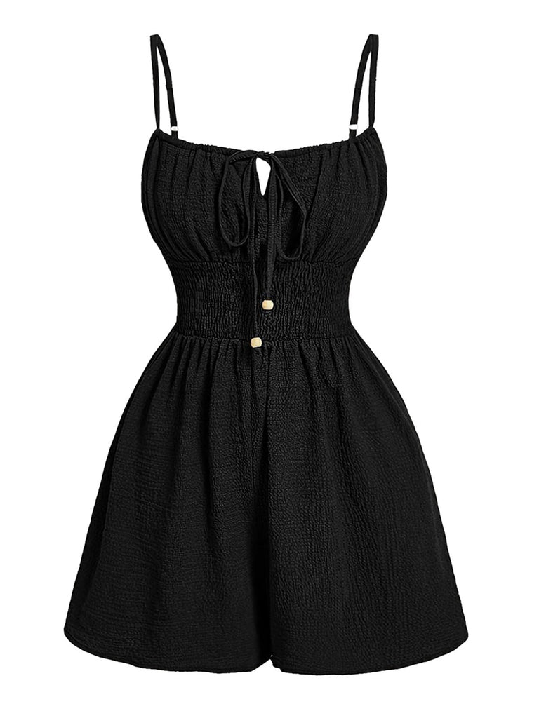 Brown 1950s Textured Spaghetti Strap Tie Front Romper, vintage romper, retro jumpsuit - perfect for women who love vintage and retro fashion