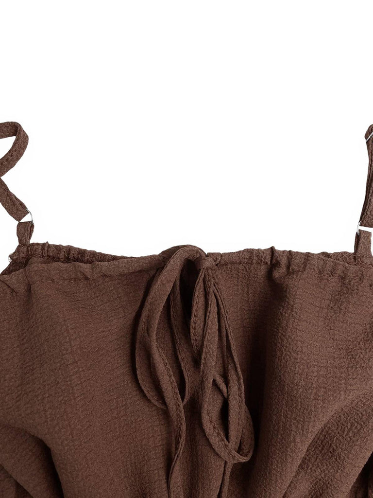 Brown 1950s Textured Spaghetti Strap Tie Front Romper, vintage romper, retro jumpsuit - perfect for women who love vintage and retro fashion