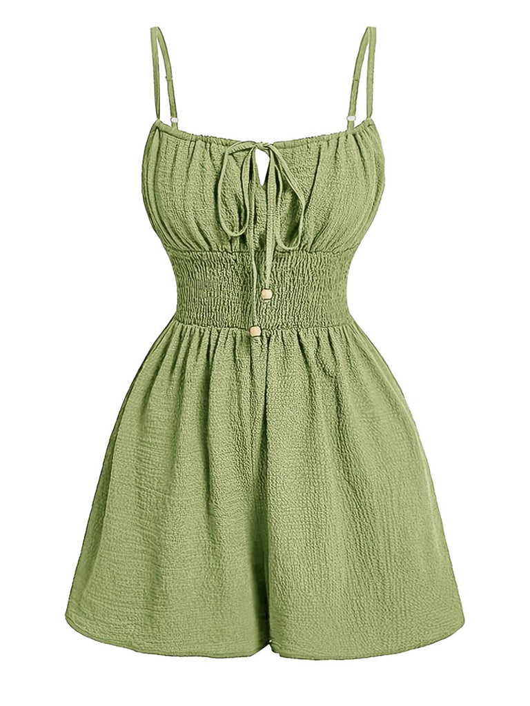 Brown 1950s Textured Spaghetti Strap Tie Front Romper, vintage romper, retro jumpsuit - perfect for women who love vintage and retro fashion