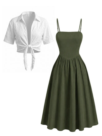 2PCS 1950s Spaghetti Strap Smocked Midi Dress & Cropped Shirt