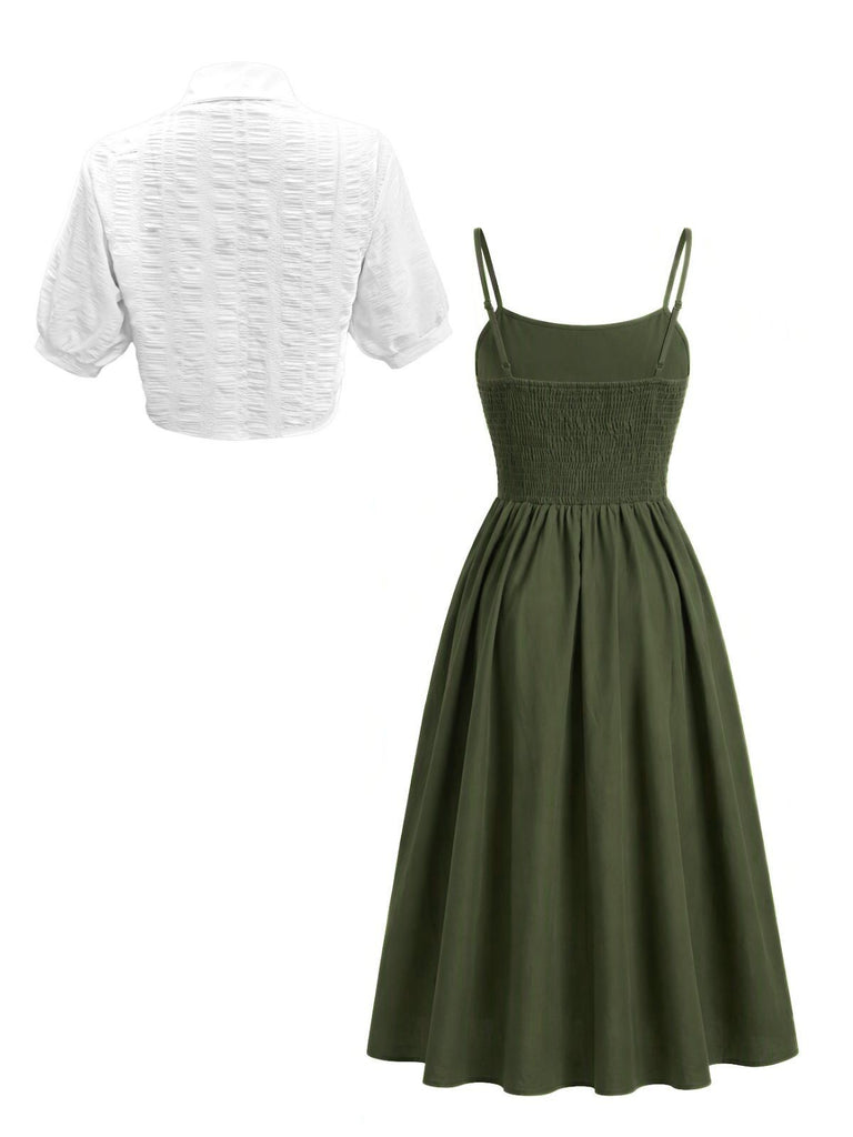 2PCS 1950s Spaghetti Strap Smocked Midi Dress & Cropped Shirt