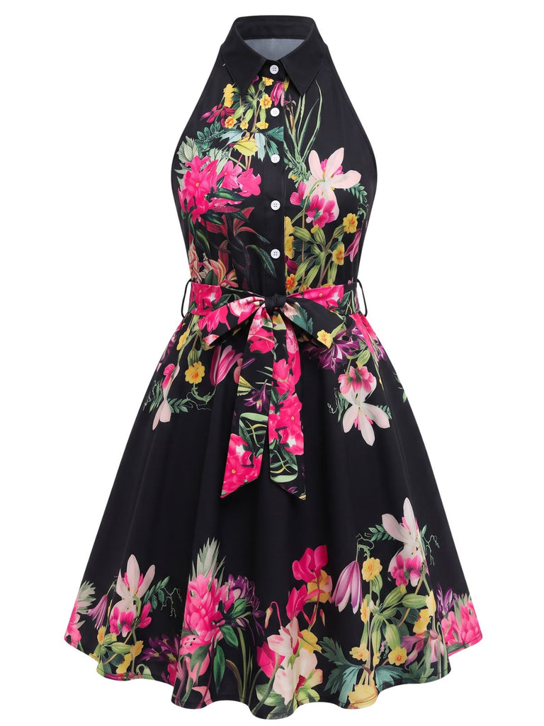 1950s Floral Print Tie Waist Halter Shirt Dress