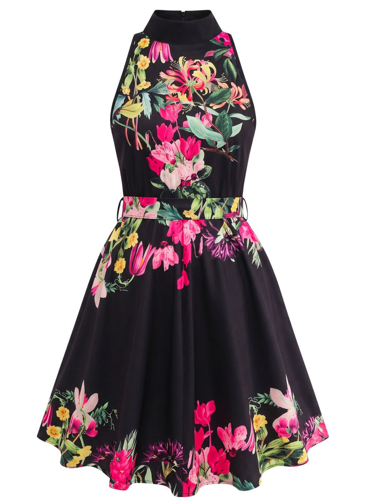 1950s Floral Print Tie Waist Halter Shirt Dress