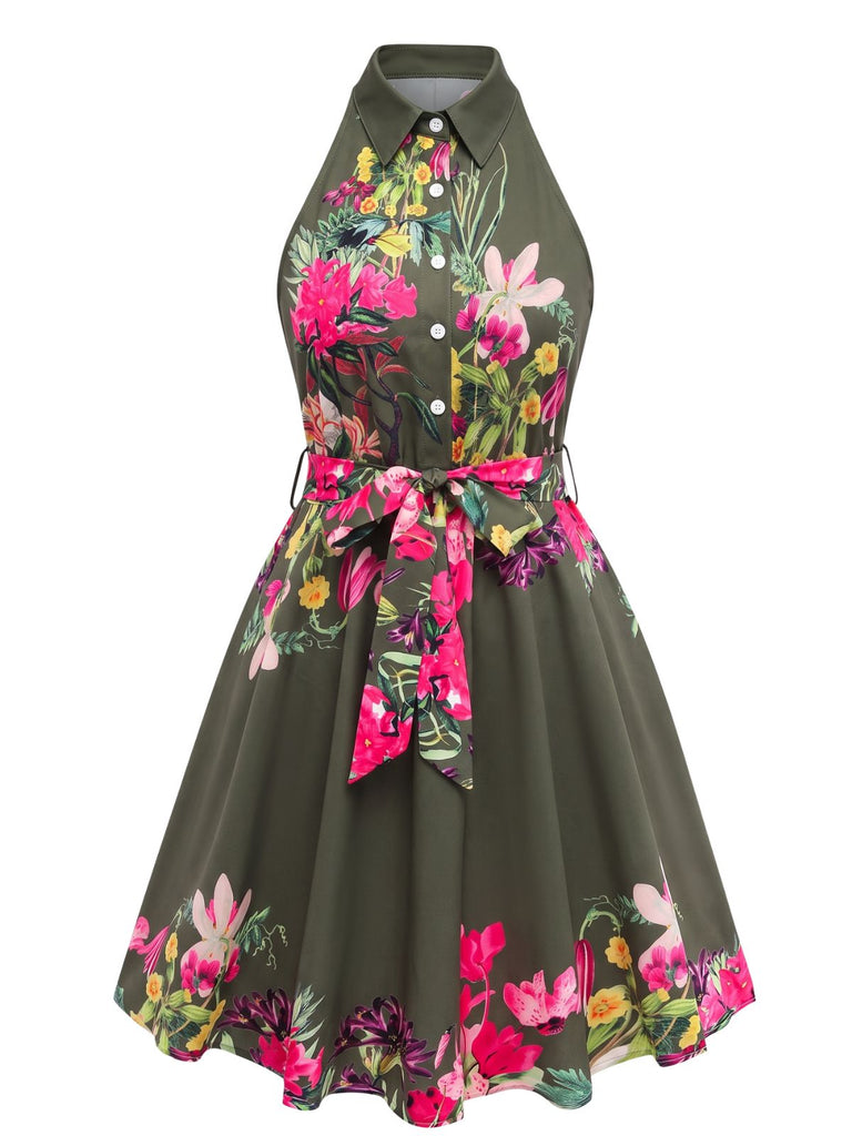 1950s Floral Print Tie Waist Halter Shirt Dress