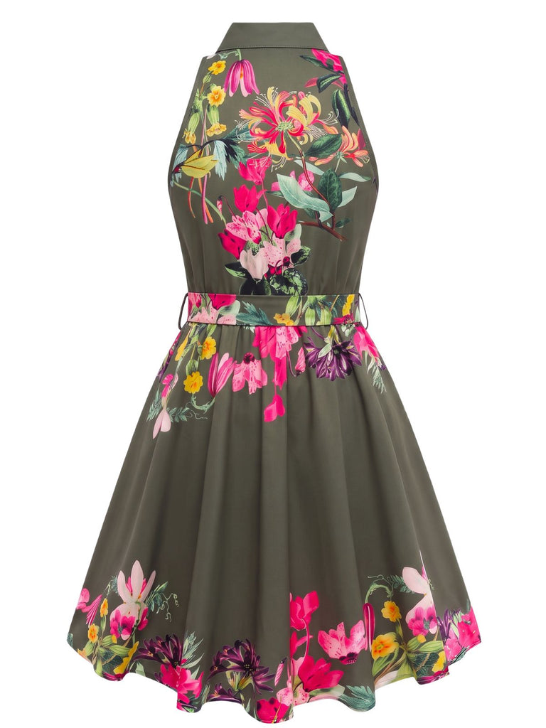 1950s Floral Print Tie Waist Halter Shirt Dress