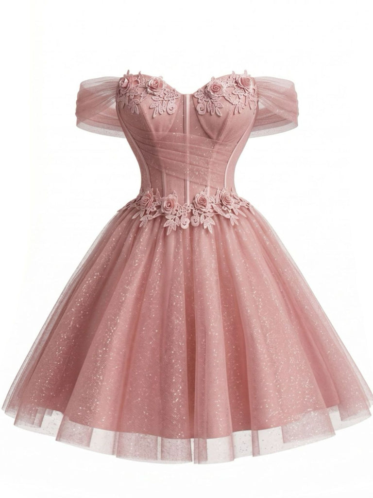 [Pre-Sale] Pink 1950s Floral Off-Shoulder Glitter Tulle Prom Dress, vintage dress, retro fashion, rockabilly, pin-up fashion - perfect for women who love vintage and retro fashion