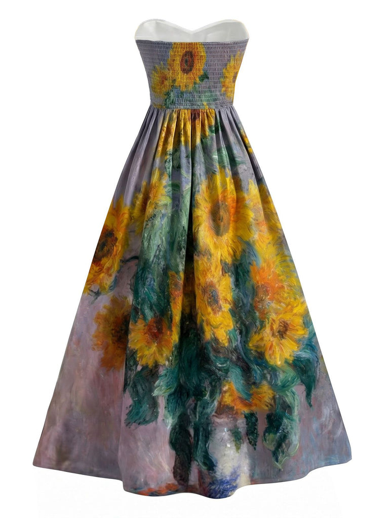 Blue 1950s Water Lily Sweetheart Strapless Dress
