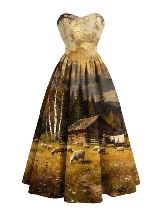 [Pre-Sale] Yellow 1950s Pastoral Landscape Sweetheart Strapless Dress
