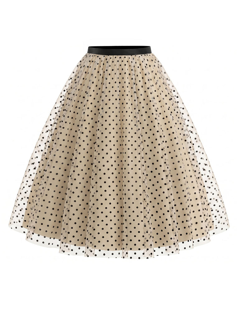 [Pre-Sale] Beige 1950s Polka Dot Tulle Swing Skirt