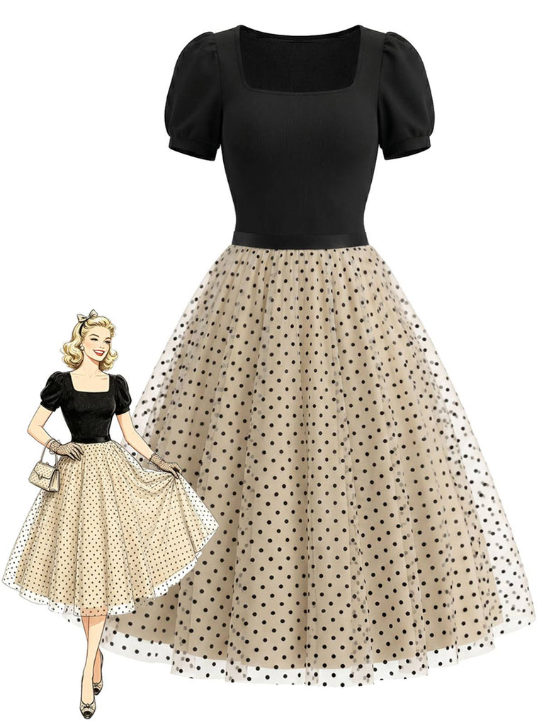 [Pre-Sale] 2PCS 1950s Puff Sleeve Ribbed Bodysuit & Polka Dot Tulle Skirt