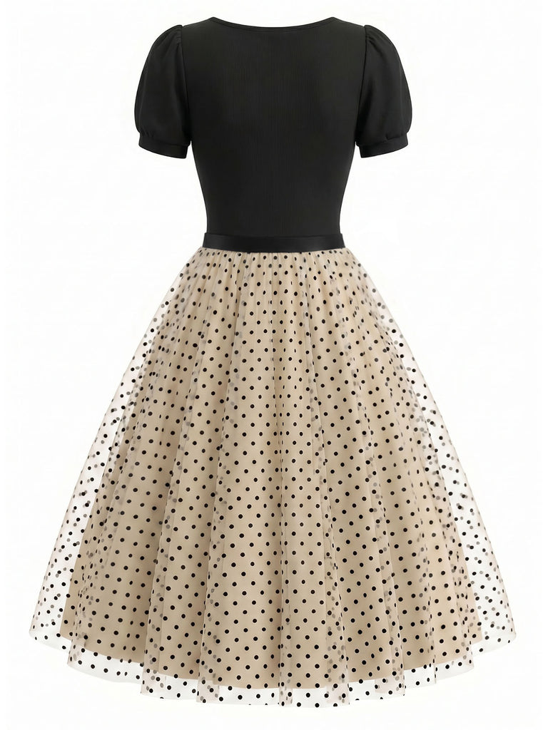 [Pre-Sale] 2PCS 1950s Puff Sleeve Ribbed Bodysuit & Polka Dot Tulle Skirt