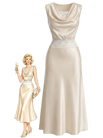 [Pre-Sale] 3PCS Champagne 1920s Satin Cowl Neck Lace Waist Skirt Set