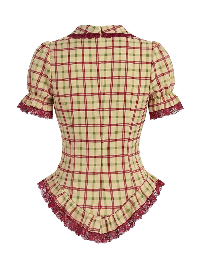 [Pre-Sale] Champagne 1940s Plaid Lace V Neck Two Piece Set 7