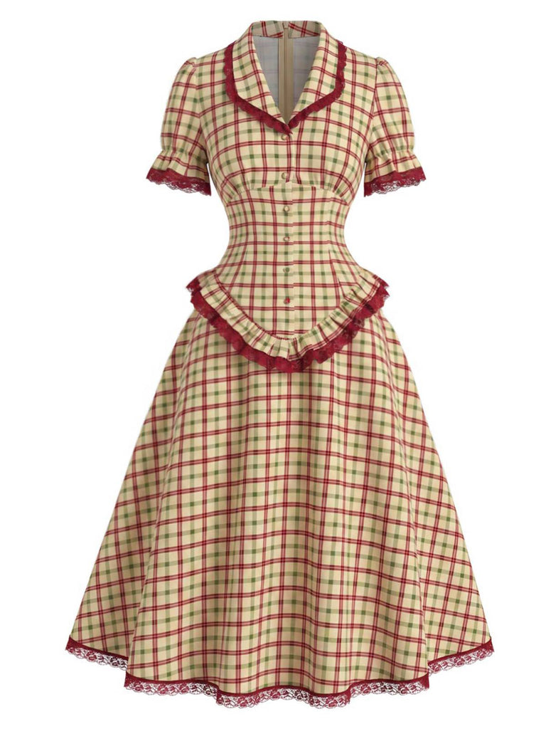[Pre-Sale] 2PCS 1940s Plaid Lace Ruffled Hem Blouse & A-Line Skirt