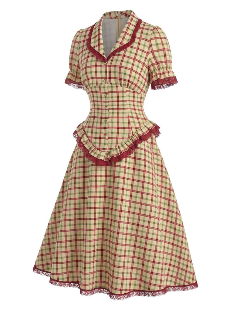 [Pre-Sale] 2PCS 1940s Plaid Lace Ruffled Hem Blouse & A-Line Skirt