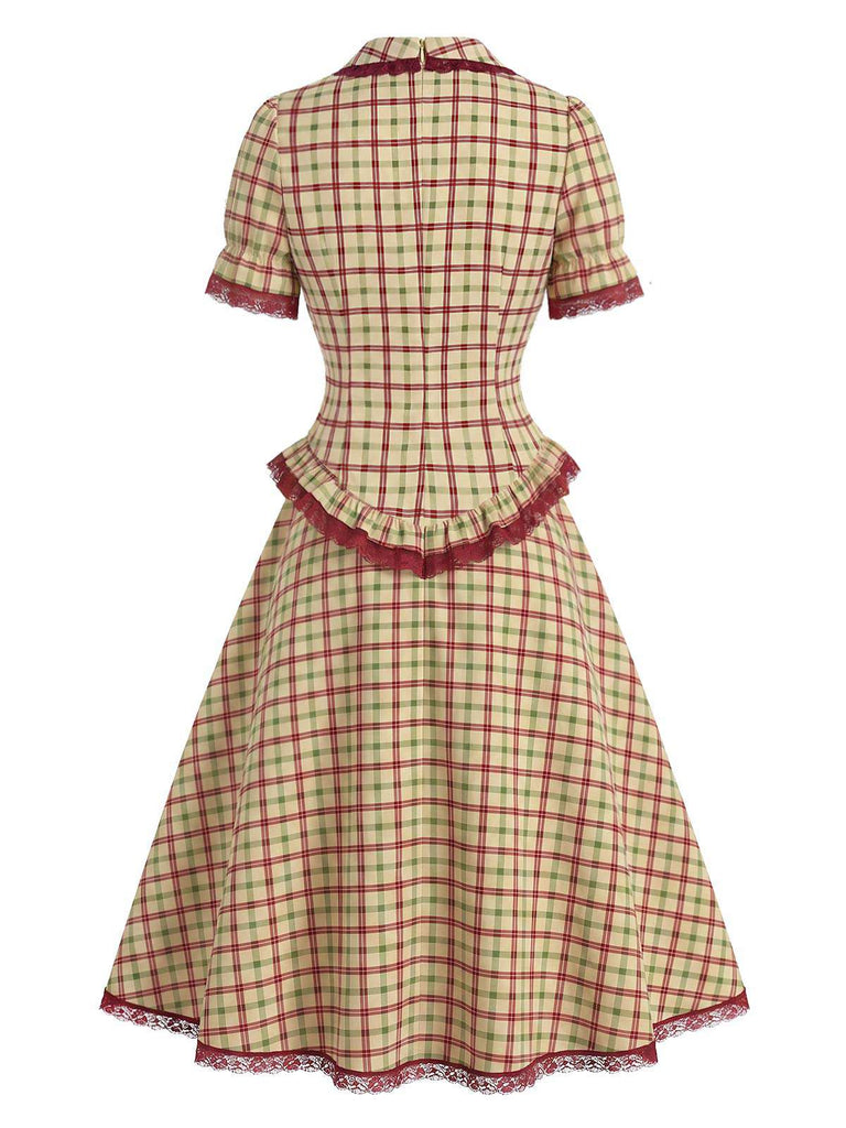 [Pre-Sale] 2PCS 1940s Plaid Lace Ruffled Hem Blouse & A-Line Skirt