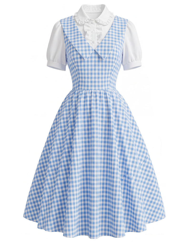 [Pre-Sale] Light Blue 1940s Plaid V Neck Dress 2